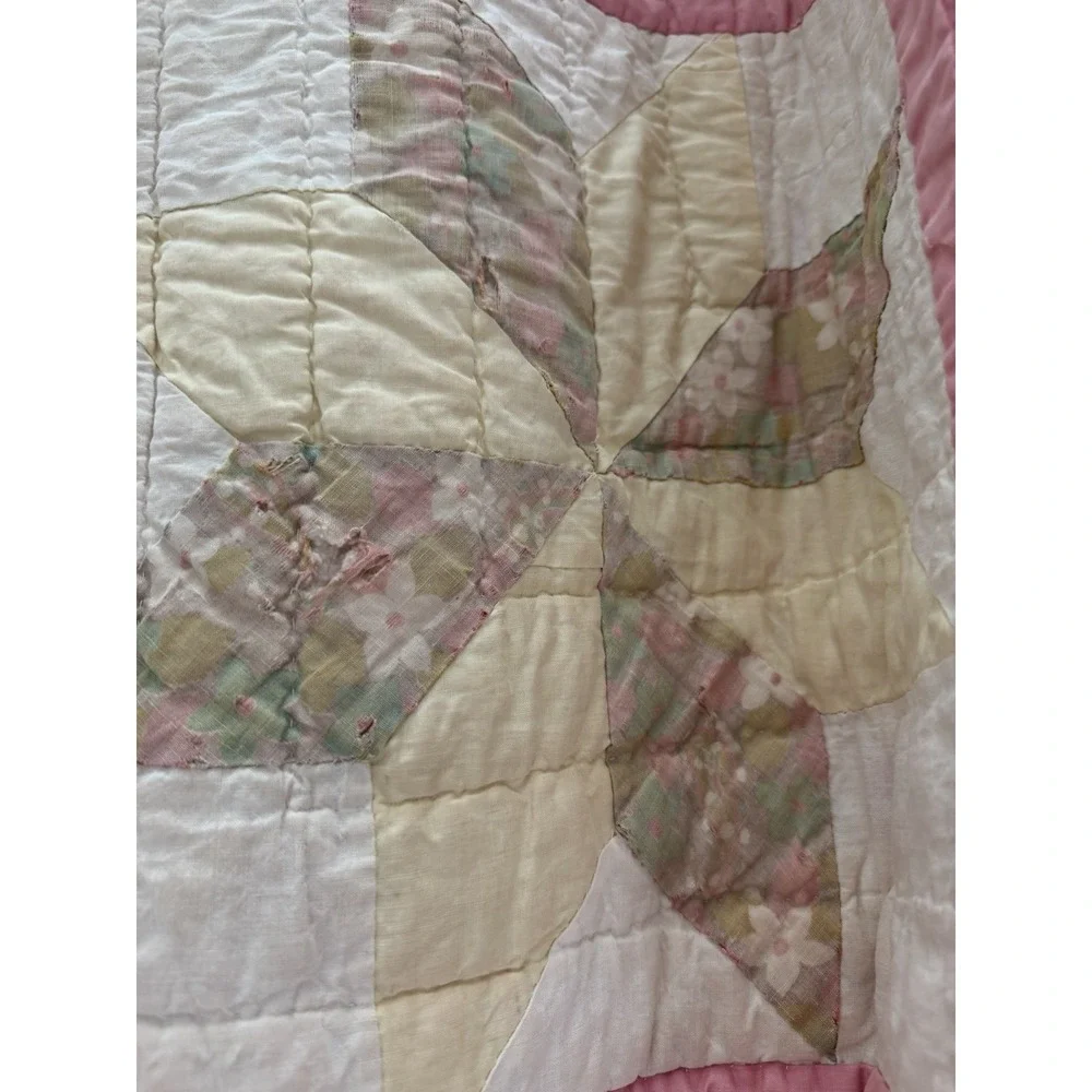 Vintage Hand Quilted Pinwheel Star Quilt 78x90 Handmade Feedsack c.1940s